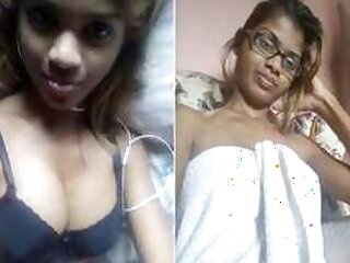 Indian stunner jacking with glasses uncovers her XXX titty and rubs chocolate-colored nipple