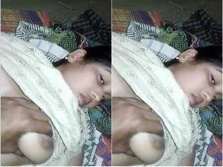Pretty chick delights herself with her breasts and gets boned